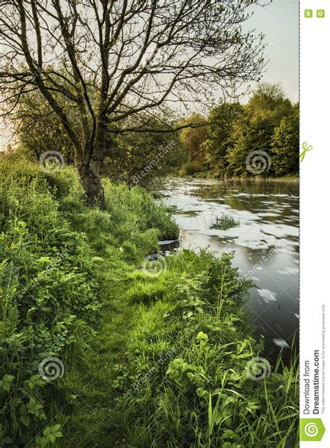 Beautiful Sunrise Landscape Image Of River Flowing And Lush Green