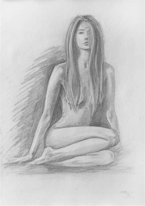 Art Charcoal Pencil Drawing Of Nude Woman Sitting Leaning On Hand Hot Sex Picture