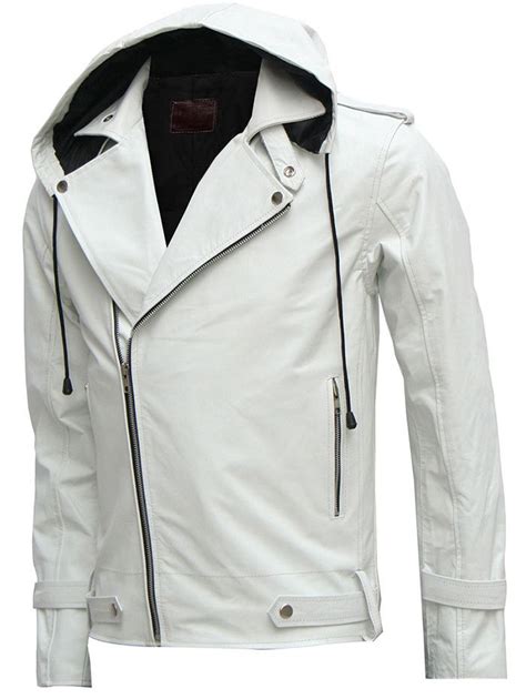 Magnificent White Mens Hooded Leather Jacket Men New Style Jacket