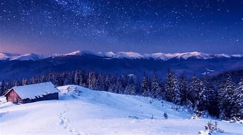 Wintry Mountain Cabin Under Starry Sky Mountain Forest Stars Cabin