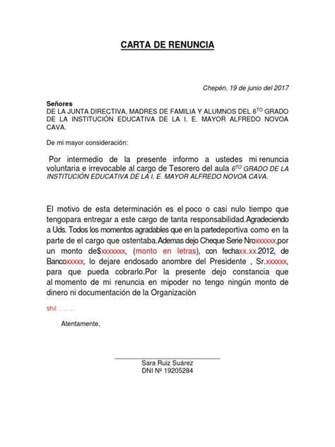Modelo Carta De Renuncia Junta Directiva Fairetenlaynes Blog