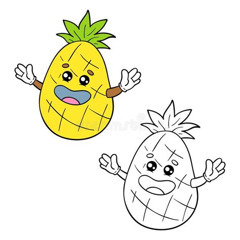 Coloring Page Of Cartoon Pineapple With Example Stock Vector