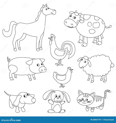 Cute Cartoon Farm Animals And Birds For Coloring Book Stock Vector