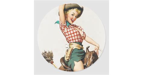 Cowgirl Riding Pin Up Classic Round Sticker Zazzle