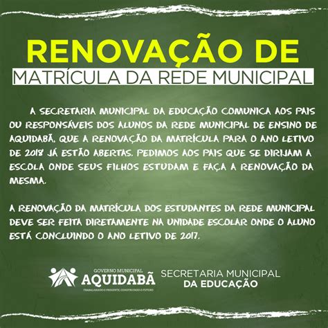 COMUNICADO DE RENOVAÇÃO DE MATRÍCULA DA REDE MUNICIPAL Prefeitura