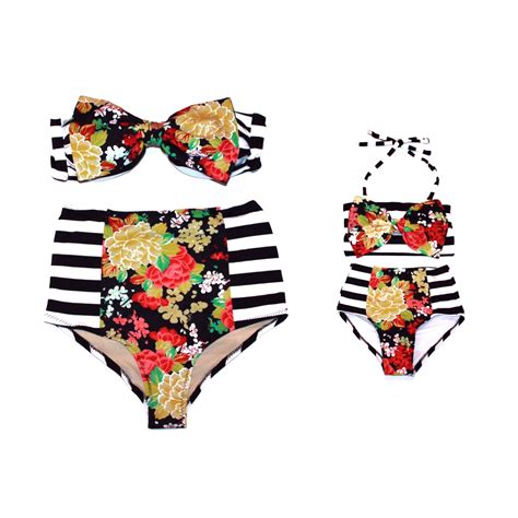 Retro Style Floral And Striped Print Bow Top And High Waist Bikini