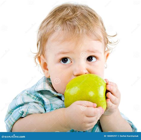 Beautiful Baby Boy Eats Green Apple Stock Image Image Of Young