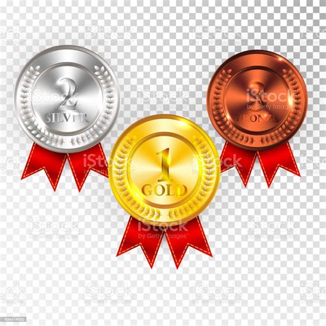 Champion Gold Silver And Bronze Medal With Red Ribbon Icon Sign First