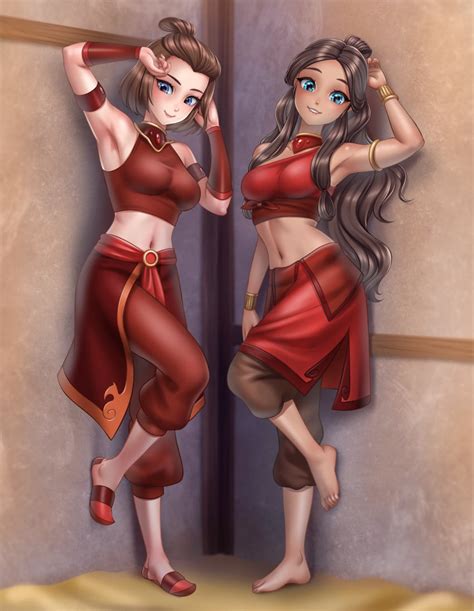 Rule 34 2girls Against Wall Alternate Costume Armpits Arms Up Avatar The Last Airbender