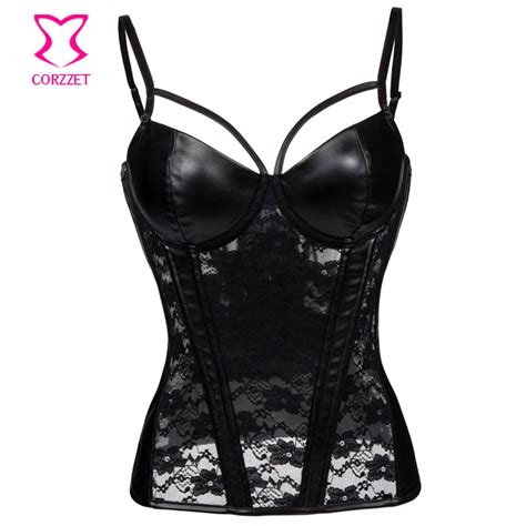Black Floral Lace And Leather Cut Out Bra Strap Push Up Corsets And