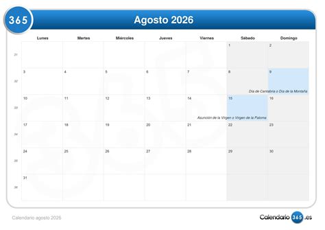 Calendario Agosto 2026