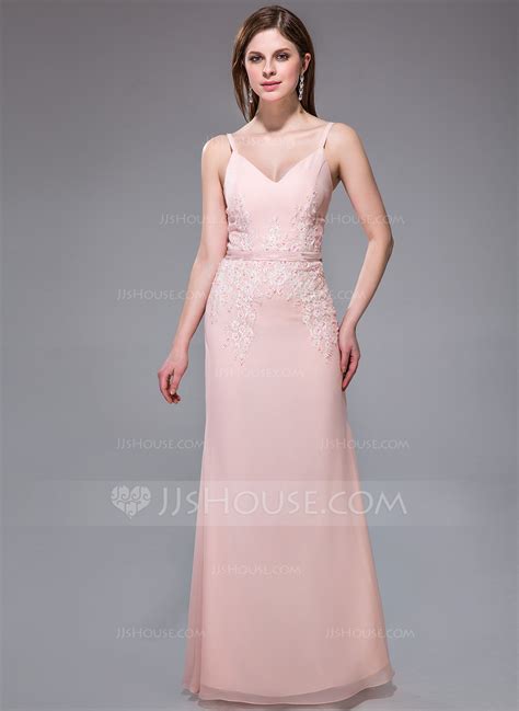 Sheath Column V Neck Floor Length Chiffon Evening Dress With Lace Beading Sequins 017025437