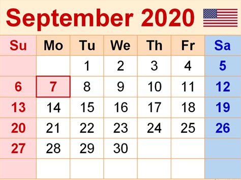 Free Monthly September 2020 Calendar Printable Template