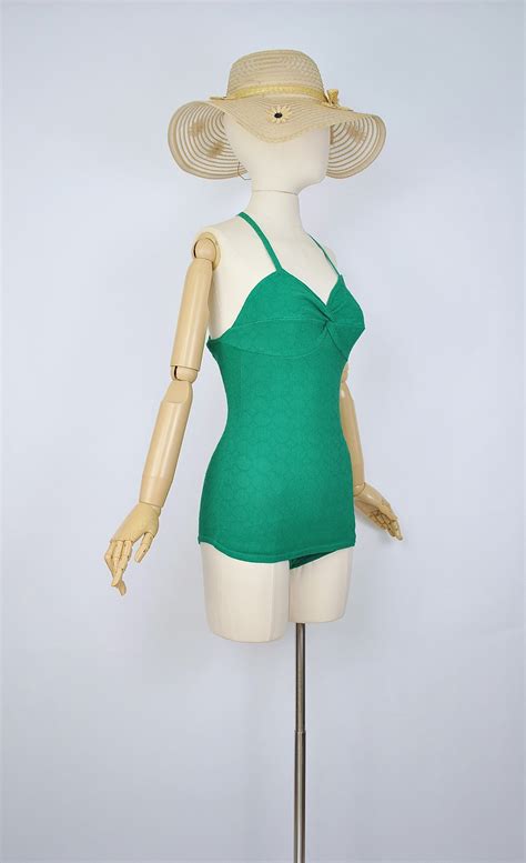 Vintage 50s Catalina Swimsuit 1950s Jade Green Knit Halter Etsy