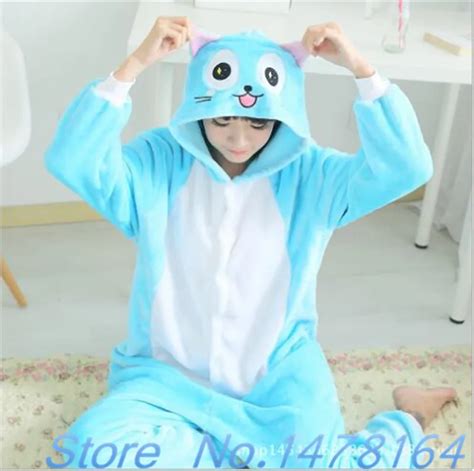 Anime Cute Fairy Tail Happy Cat Onesie Cartoon Cosplay Costume Women Pajamas Adult Blue Happy