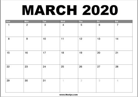 March 2020 Calendar Printable Free Download