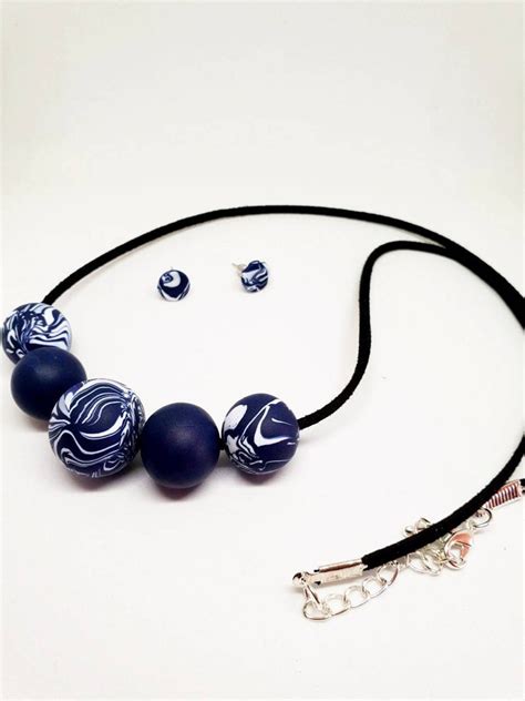 Navy Blue Beaded Necklace Set For Woman Big Beads Long Etsy