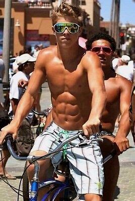 Shirtless Male Blond Muscular Beefy Frat Jock Hunk Riding Bike Photo