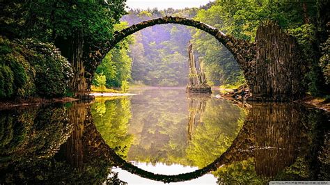 Hd Wallpaper Brown Arch Bridge Landscape River Green Reflection