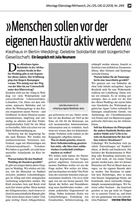 Interview In Der Tageszeitung „junge Welt“ Kiezhaus Agnes Reinhold