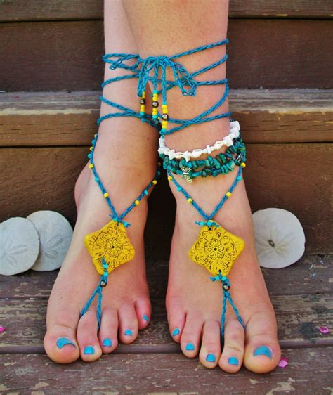 turquoise and yellow beaded barefoot sandals footless sandal