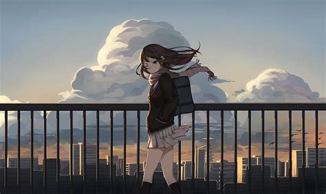 Hd Wallpaper The Sky Girl Clouds The City Home Anime Art Form