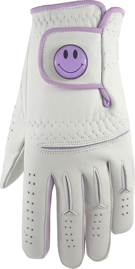 Ladies Cabretta Leather Golf Glove With Lilac Smiley Face Ball Marker