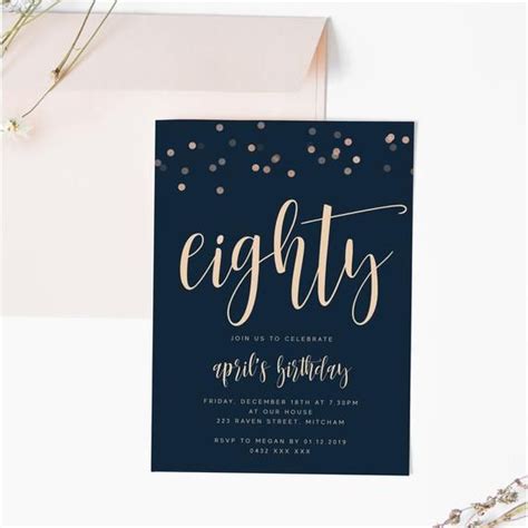 An Elegant Navy Blue And Gold Birthday Party Card With Confetti On The