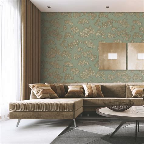Design Id Wall Fabric Pine Tree Sage Gold Wallpaper Wf121013 Foliage