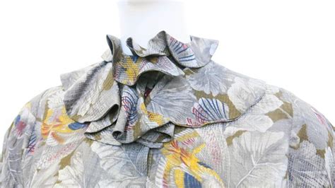 1970s Emanuel Ungaro Floral And Fauna Silk Ruffle Blouse With Dramatic