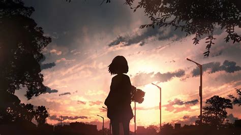 3840x2160 Anime Girl With Flowers Looking Towards Sunset