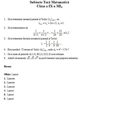 Matematica Subiecte Teza Clasa A Ix A Semestrul 1