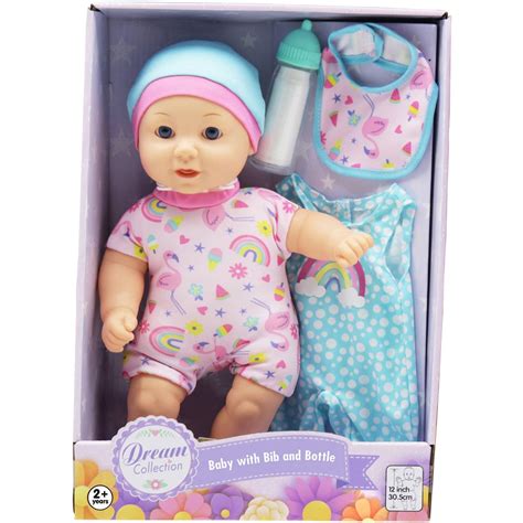 Dream Collection Baby Doll With Bib And Bottle Set Assorted Each Woolworths