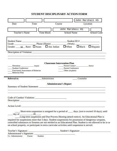 Free School Disciplinary Action Form Samples Templates In Pdf Ms Word