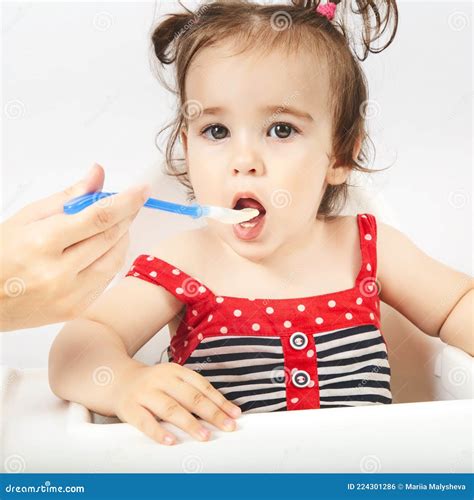 Cute Baby Eating Porridge Close Up Copy Space Stock Photo Image Of