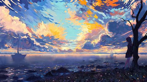 Anime Landscape For Desktop Sea Ships Colorful Clouds Scenic Tree