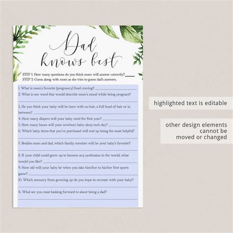 Dad Knows Best Baby Shower Guessing Game Printable Forest Baby Etsy