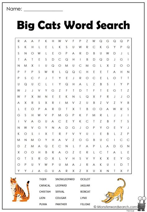 Big Cats Word Search Monster Word Search In 2023 Big Cats Writing A
