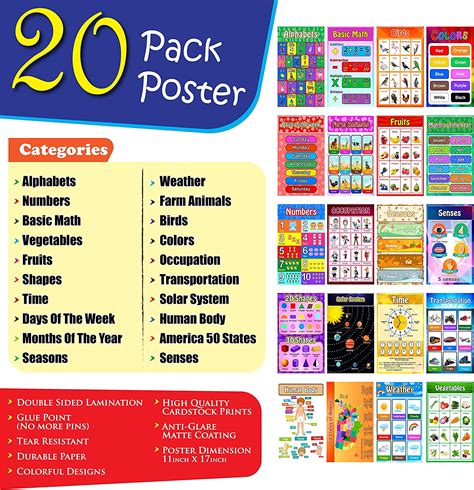 20 Pack Large Kids Laminated Educational Posters 11 X 17