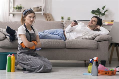 Household Chores Offended Woman Tired After Cleaning Sitting Next To