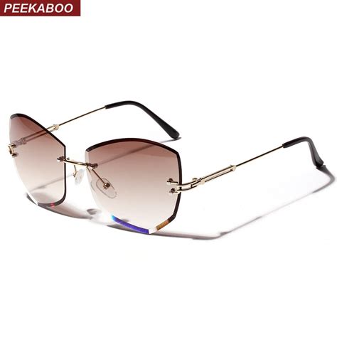 peekaboo diamond cut sunglasses lady 2019 summer brown pink rimless sun glasses for women cat
