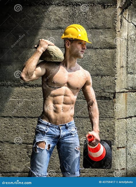 Handsome Muscular Construction Worker Shirtless Outdoor Stock Photo