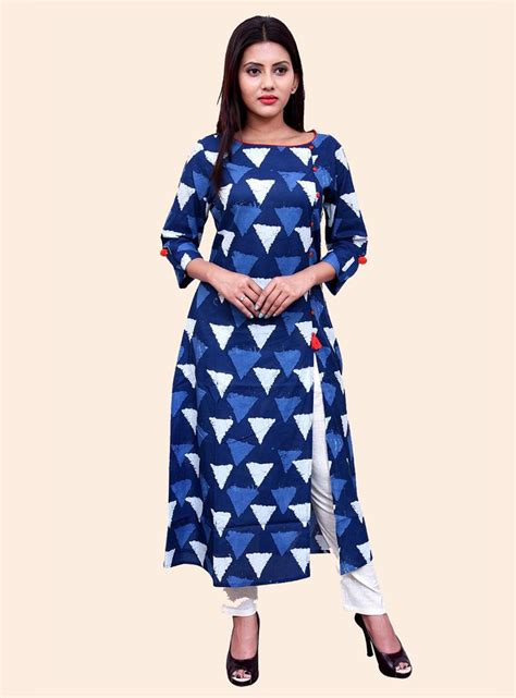 Blue Cotton Printed Readymade Kurti 120911 Stylish Dress Designs Cotton Kurti Designs