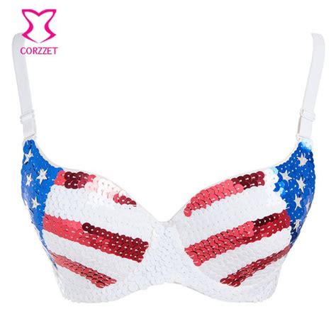 American Flag Bra Top Sequined Bras For Women Burlesque Club Brassiere Push Up Bralette