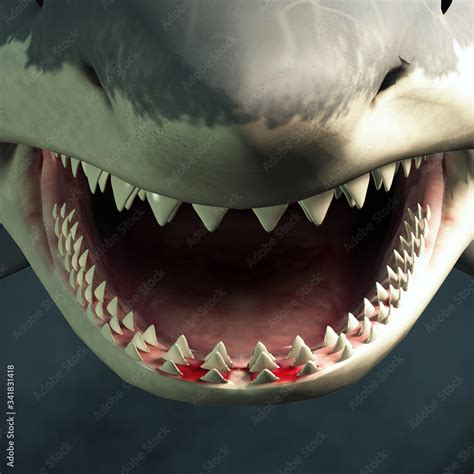 A Close Up Of A Great White Sharks Open Mouth Showing Rows Of Sharp