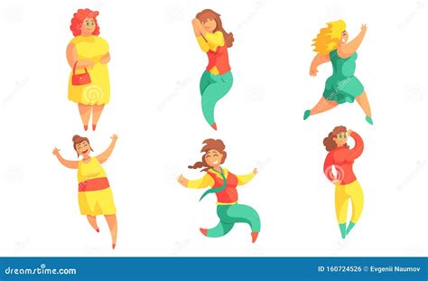 smiling plus size women set curvy happy overweigh girls characters body positive vector