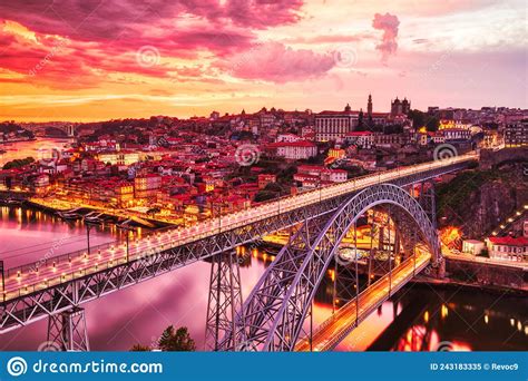 Porto Aerial Cityscape With Luis I Bridge And Douro River At Amazing