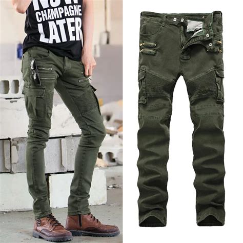 lguc h new men s multi pockets patchwork army green jeans pant slim fit fashion cool straight