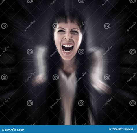 Crazy Bloody Scary Zombie Woman Screams At Camera Stock Photo Image