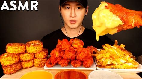 Asmr Cheesy Spicy Chicken Wings Cajun Corn And Cheese Fries Mukbang No Talking Eating Sounds